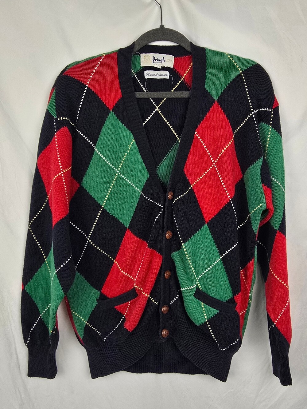 Pringle of Scotland Hand Intarsia VTG Argyle Golf Preppy Sweater Cardigan sz M